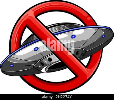 Keine UFO-symbol Design Illustration. Verbotszeichen mit dem Raumschiff und Alien Symbol auf weißem Hintergrund. Rote Kreuz in Kreis Stock Vektor