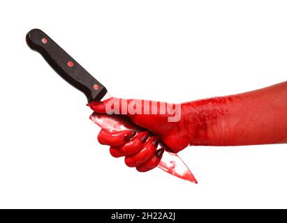 Hand mit blutbeflecktem Messer auf weißem Hintergrund Stockfoto