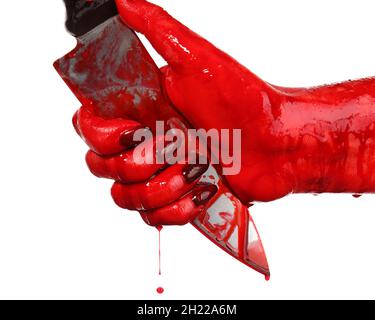 Hand mit blutbeflecktem Messer auf weißem Hintergrund Stockfoto