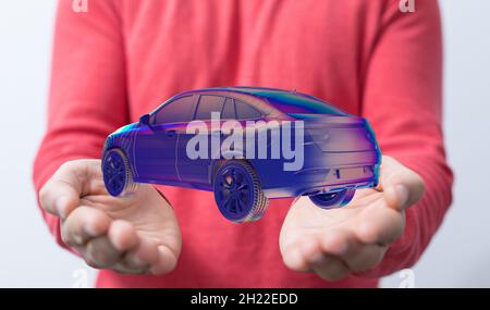 3D gerendertes blaues Auto über den Händen eines Mannes im Hintergrund Stockfoto