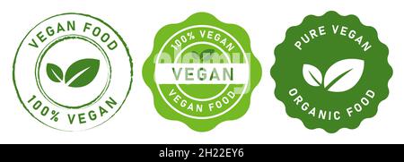 Vegan Lebensmittel Stempel Etikett für vegetarisch grün Blatt Kreis Siegel Aufkleber Vektorgrafik isoliert Set Vektor Stock Vektor