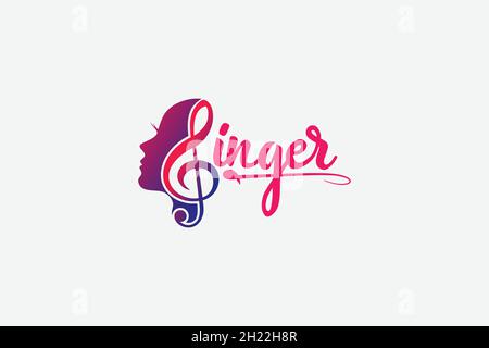 Sänger Vocal Karaoke / Chor mit Noten Treble Clef - Singing Woman Face Silhouette Logo-Design Stock Vektor