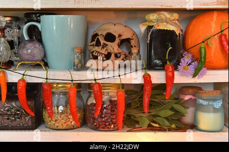 Holztheken mit Hexenritualobjekten, Becher, alten Kräuterflaschen und Tränken, Totenkopf, hängendem Pfeffer und Kürbis in der Vintage-Küche. Provence, rur Stockfoto