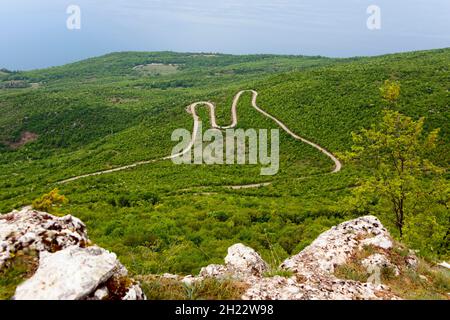 Blick auf den Ohridsee von Koritski Rid, Galicica-Nationalpark, UNESCO-Weltkulturerbe, Mazedonien Stockfoto