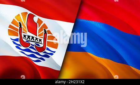 Flagge von Französisch-Polynesien und Armenien. 3D-Design mit winkender Flagge. Französisch-Polynesien Armenia Flagge, Bild, Tapete. Französisch-Polynesien vs. Armenien Bild, 3D ren Stockfoto