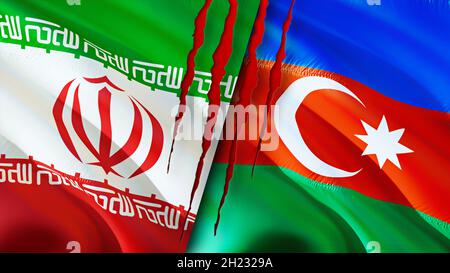 Iran und Aserbaidschan Flaggen mit Narbenkonzept. Winkende Flagge, 3D-Rendering. Konfliktkonzept zwischen Aserbaidschan und Iran. Iran Aserbaidschan Beziehungen Konzept. Flagge o Stockfoto