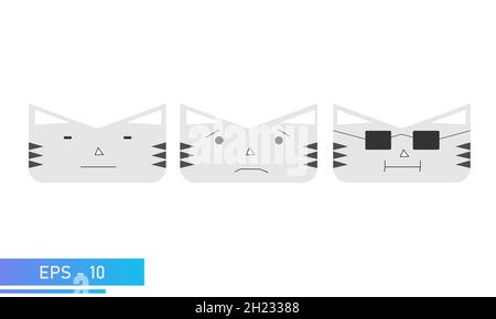 Einfache Katze oder Tiger Gesicht mit Emotionen, gleichgültig, niedlich, cool. Symbol. Isoliert auf weißem Hintergrund. Flache Vektorgrafik. Stock Vektor