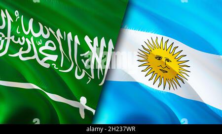 Flagge Saudi-Arabiens und Argentiniens. 3D-Design mit winkender Flagge. Argentinien Saudi-Arabien Flagge, Bild, Tapete. Saudi-Arabien vs. Argentinien Bild, 3D-Rendering Stockfoto