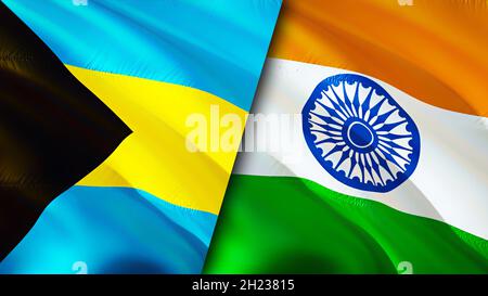 Flagge der Bahamas und Indiens. 3D-Design mit winkender Flagge. Bahamas Indien Flagge, Bild, Tapete. Bild von Bahamas und Indien, 3D-Rendering. Bahamas Indien Beziehungen a Stockfoto