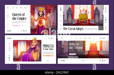 Banner mit königlichen Geschichten über König, Königin, Prinzessin und Thronerben. Vektor Landing Pages des Königreichs mit Cartoon-Illustration der königlichen Charaktere im mittelalterlichen Palast Stock Vektor