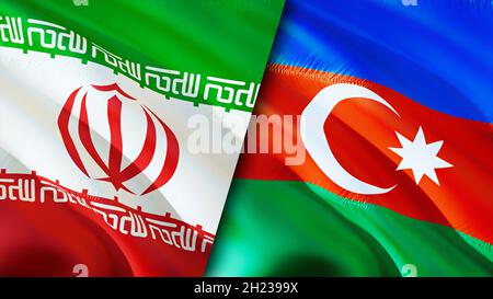 Iran und Aserbaidschan Flaggen. 3D-Design mit winkender Flagge. Aserbaidschan Iran Flagge, Bild, Tapete. Iran vs. Aserbaidschan Bild, 3D Rendering. Iran Aserbaidschan rel Stockfoto