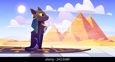 Die ägyptische Katzengöttin Bastet sitzt auf dem Palastboden vor den Pyramiden des Pharao in der Wüste Sahara. Cartoon heilige Tier, alte ägyptische Gottheit Charakter tragen Halskette und Kopfbedeckung, Vektor-Illustration Stock Vektor