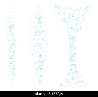 Unterwasserblasen von spritzendem Soda. Luftströme. Auflösen von Tabletten. Realistischer Sauerstoff popp in Brausetrink. Blauer Vektor funkelt auf Weiß Stock Vektor