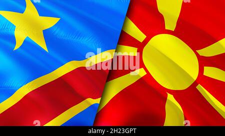 DR Kongo und Nord-Mazedonien Flaggen. 3D-Design mit winkender Flagge. Nordmakedonien DR Kongo Flagge, Bild, Tapete. DR Kongo vs North Macedonia Bild, 3D ren Stockfoto