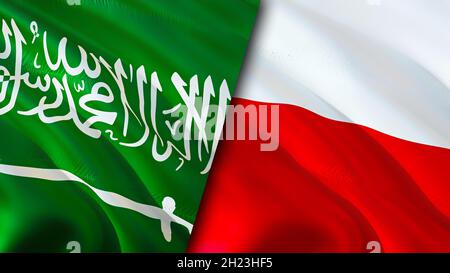 Flagge Saudi-Arabiens und Polens. 3D-Design mit winkender Flagge. Polen Saudi-Arabien Flagge, Bild, Tapete. Bild Saudi-Arabien vs. Polen, 3D-Rendering. Saudi-Arabien Stockfoto
