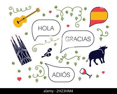 Satz von traditionellen spanischen Kultursymbolen, Objekten und Blasenreden Hallo, Danke und Bye auf Spanisch. Flache Grafik Stockfoto
