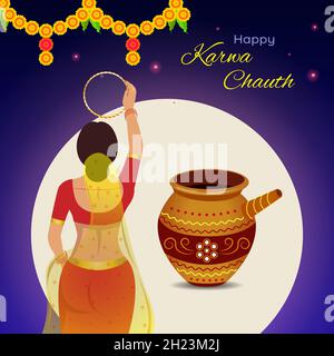 Fröhliche Karwa Chauth Festivalgrafik. Kreatives Design einer indischen Frau, die während Karwa Chauth durch das Sieb schaut, um das Fasten zu brechen. Stock Vektor