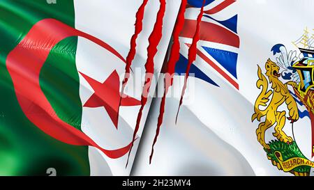 Flaggen des algerischen und des britischen Antarktischen Territoriums mit Narbenkonzept. 3D-Rendering mit schwenkender Flagge. Konfliktkonzept für Algerien und britisches Antarktisgebiet. A Stockfoto