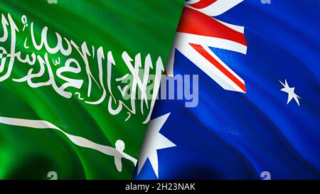 Saudi-Arabien und Australien Flaggen. 3D-Design mit winkender Flagge. Australien Saudi-Arabien Flagge, Bild, Tapete. Saudi-Arabien vs. Australien Bild, 3D-Rendering Stockfoto