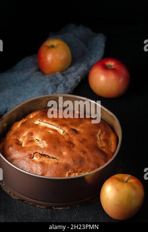 Hausgemachte, frisch gebackene Apfeltarte auf einer Platte Stockfoto