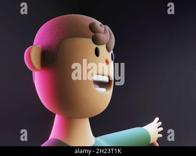 Nahaufnahme von 3d gerenderten Comic-Figur mit geöffnetem Mund auf schwarzem Hintergrund in Neonlicht. Aktivistisches Gesicht, Politik, junger Mann. Stockfoto