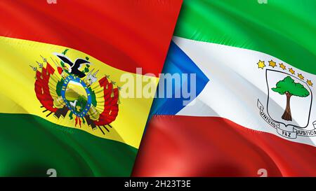 Flagge Boliviens und Äquatorialguineas. 3D-Design mit winkender Flagge. Äquatorialguinea Bolivien Flagge, Bild, Tapete. Bolivien vs. Äquatorialguinea Bild, 3D Stockfoto