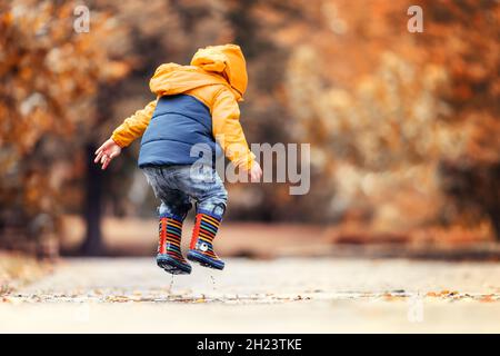 Glücklicher kleiner Junge, der im Herbstpark auf eine verregnete Pfütze springt Stockfoto