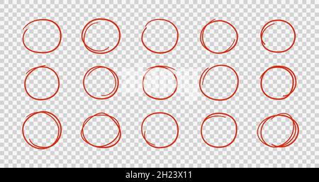 Handgezeichnete rote Kreise. Markieren Sie runde Rahmen. Ovale im Doodle-Stil. Satz von Vektorgrafik isoliert auf transparentem Hintergrund Stock Vektor