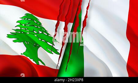 Libanon und Italien Flaggen mit Narbenkonzept. Winkende Flagge, 3D-Rendering. Konfliktkonzept Libanon und Italien. Libanon Italien Beziehungen Konzept. Flagge von Leba Stockfoto