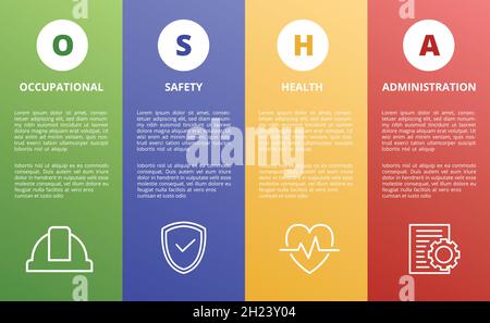 osha-Konzeptvorlage für Arbeitsschutz und Gesundheitsverwaltung für Infografiken mit Symbol und Flächenformvektor Stockfoto