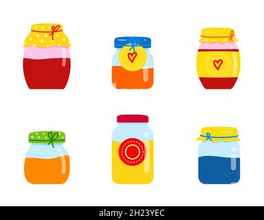 Glas mit hausgemachter Marmelade. Orangenmarmelade, rote, gelbe und blaue Marmelade. Erdbeer-, Pfirsich- und Bananenmarmelade. Stock Vektor