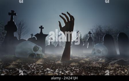 Unheimliche Zombie-Hand auf dem Friedhof oder Friedhof, die aus dem Boden ragt. 3D-gerenderte Illustration. Stockfoto