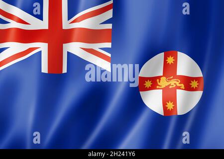 Staatsflagge von New South Wales, winkende Banner-Kollektion von Australien. 3D-Illustration Stockfoto