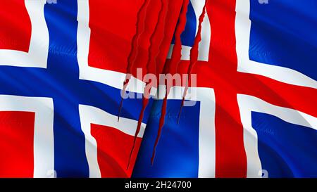 Norwegen und Island Flaggen mit Narbenkonzept. Winkende Flagge, 3D-Rendering. Norwegen und Island Konfliktkonzept. Norwegen Island Beziehungen Konzept. Flagge von N Stockfoto