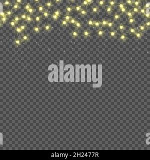 Weihnachtslichter auf transparentem Hintergrund isoliert. Nahtloser Rand Hintergrund mit realistischen Weihnachten glühende Girlande und fallenden Schnee. Vektorgrafik. Stock Vektor