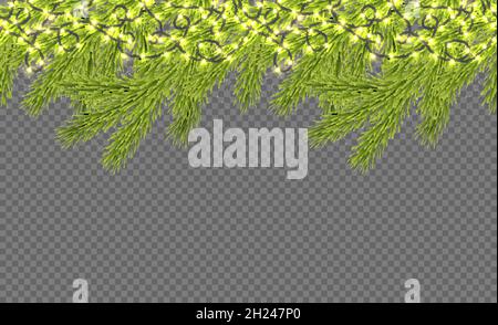 Nahtlose Grenze mit relistischem Firtree, funkelnden Lichtern und Girlanden auf transparentem Hintergrund. Designvorlage für Frohe Weihnachten. Vektorgrafik. Stock Vektor