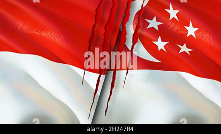 Indonesien und Singapur Flaggen mit Narbenkonzept. Winkende Flagge, 3D-Rendering. Konfliktkonzept Indonesien und Singapur. Indonesien Singapur Beziehungen kontra Stockfoto