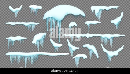 Große Menge realistischer Schneekappen, Eiszapfen, Schneeball und Schneewehe isoliert auf weißem Hintergrund. Designvorlage für Winter und weihnachten. Vektorgrafik. Stock Vektor