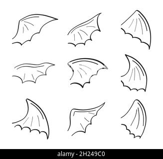 Gargoyle, Dämon, Teufel Doodle Flügel Set-Vektor. Handgezeichneter Flügel im Bleistiftstil. Fledermaus, Vampir Silhouette Kollektion in Linie Kunst. Stock Vektor