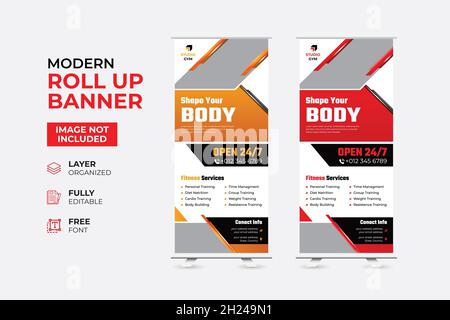 Fitness Gym Rollup Banner Template | Rollup Banner Design für Fitnessstudio, Fitnessclub, Gesundheitswesen Stock Vektor