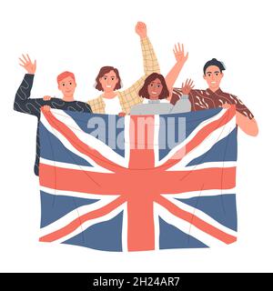 Eine Gruppe von Menschen hält die britische Flagge. Englisch Lernen. Stock Vektor