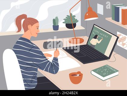 Frau, die sich einen Videovortrag auf dem Laptop-Bildschirm ansieht. Stock Vektor