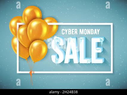 Poster-Vorlage für Cyber monday Verkauf mit realistischen goldenen Ballons. Vektorgrafik. Stock Vektor