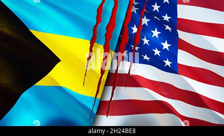 Bahamas und USA Flaggen mit Narbenkonzept. Winkende Flagge, 3D-Rendering. Bahamas und USA Konfliktkonzept. Bahamas USA Beziehungen Konzept. Flagge der Bahamas und Stockfoto