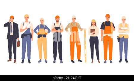 Gruppe von Bauarbeitern in Uniform, Männer und Frauen verschiedener Fachrichtungen Chef, Ingenieur, Arbeiter. Stock Vektor