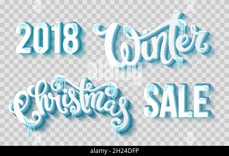 Handgezeichnete Zitate für Weihnachten mit Weihnachtsbeleuchtung, realistischem Schnee und Eiszapfen. Vektorgrafik Stock Vektor