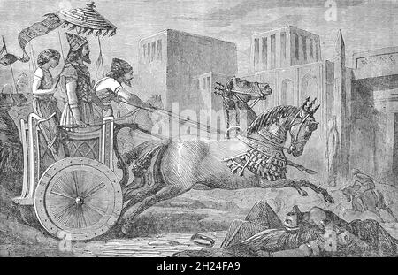 Eine Illustration des späten 19. Jahrhunderts von Cambyses II., dem zweiten König der Könige des Achämeniden-Reiches von 530 bis 522 v. Chr., der in Memphis in Ägypten eintrat. Er war der Sohn und Nachfolger von Cyrus dem Großen. Die von Cyrus geplante Eroberung Ägyptens war die größte Errungenschaft der Herrschaft Cambyses und fand unter der Herrschaft von Psamtik III. Statt Nachdem Cambyses die Schlacht von Pelusium (525) im Nildelta gewonnen und Heliopolis und Memphis erobert hatte, brach der ägyptische Widerstand zusammen. Stockfoto