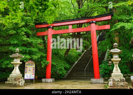 Nara, Japan - 01. Juli 2019: Rotes Torii-Tor am Eingang zum Tanzan Jinja-Schrein, Nara, Japan. Stockfoto