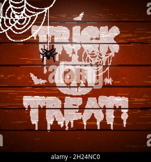Trick or Treat Halloween Illustration mit gruseligen Kürbis Silhouette, Flying Fledermäuse und Spinne auf Vintage Holz Hintergrund. Vektor-Design-Vorlage Für Feiertage Stock Vektor