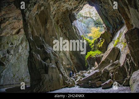 Geheimnisvolle und wunderschöne Cathedral Cavern, ein alter Steinbruch im Lake District National Park in Tilberthwaite, cumbria, England, Großbritannien Stockfoto